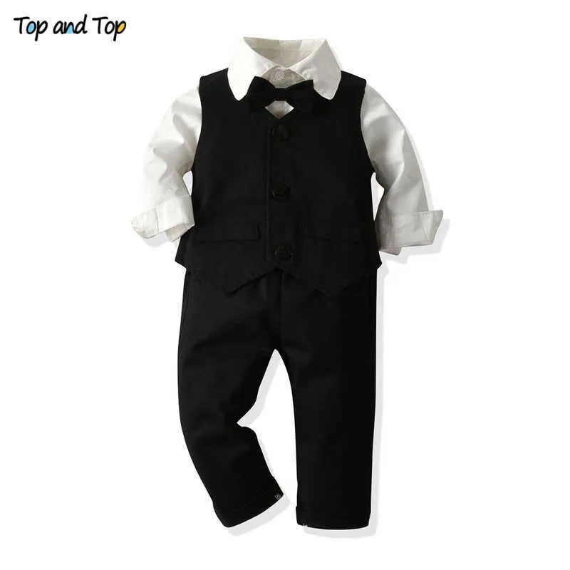 Top en Top Herfstwinter Baby Jongens Gentleman Clothes Sets Pasgeboren Lange Mouw Wit Romper Top + Vest + Broeken Infant Boys Outfit G1023