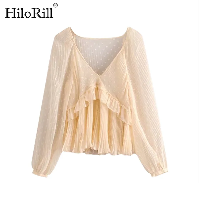 Women Dot Print Ruffles See Through Blouse Casual Transparent Female Long Sleeve Shirts Office Lady V Neck Solid Top 210508