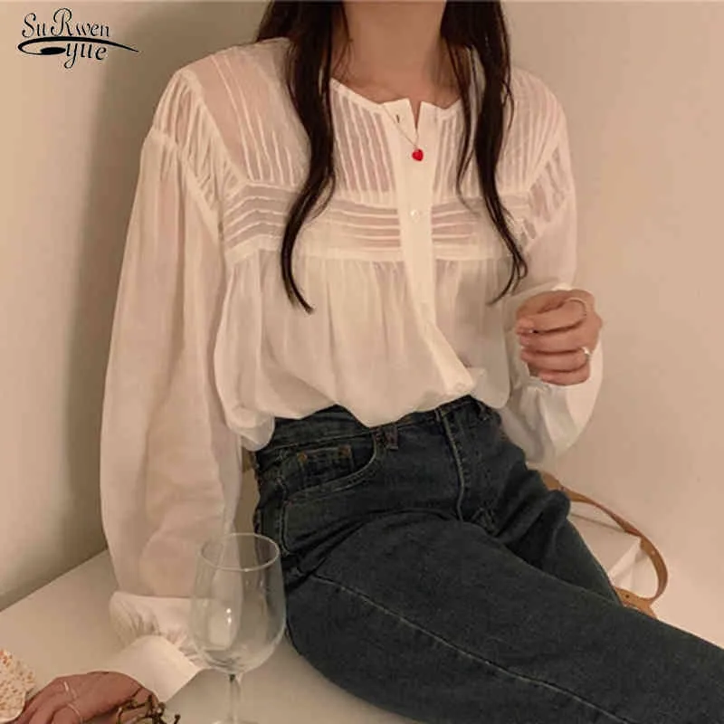 Automne Puff Manches Casual Lâche Femmes Tops Solide O-Cou Chemises Blanches Cardigan Coton Blouses Plus Taille 11014 210521