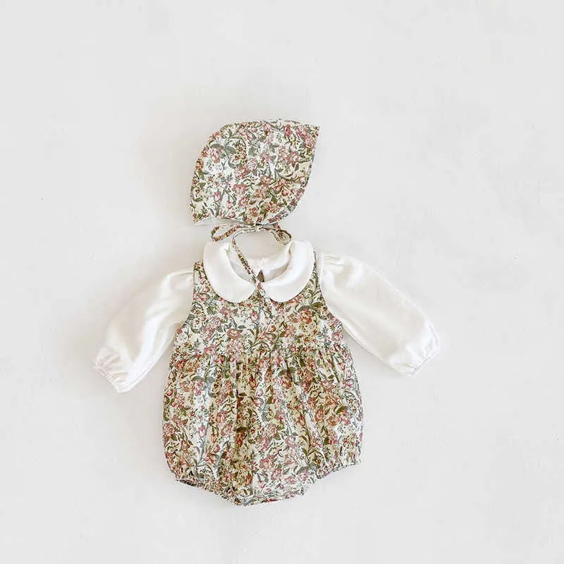 3 adet Kore Bebek Romper Bebek Çiçek Kunatan Şapka Toddler Kız Butik Giyim Çocuk Vintage Kore giyim 210615