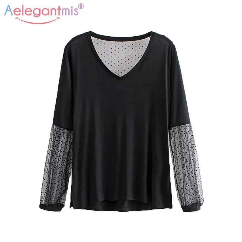 Aelegantmis Zomer Sexy V-hals Lantaarn Lange Mouw T-shirt Vrouwen Mode Achter Mesh Transparante T-shirt Dames Casual Tops 210607