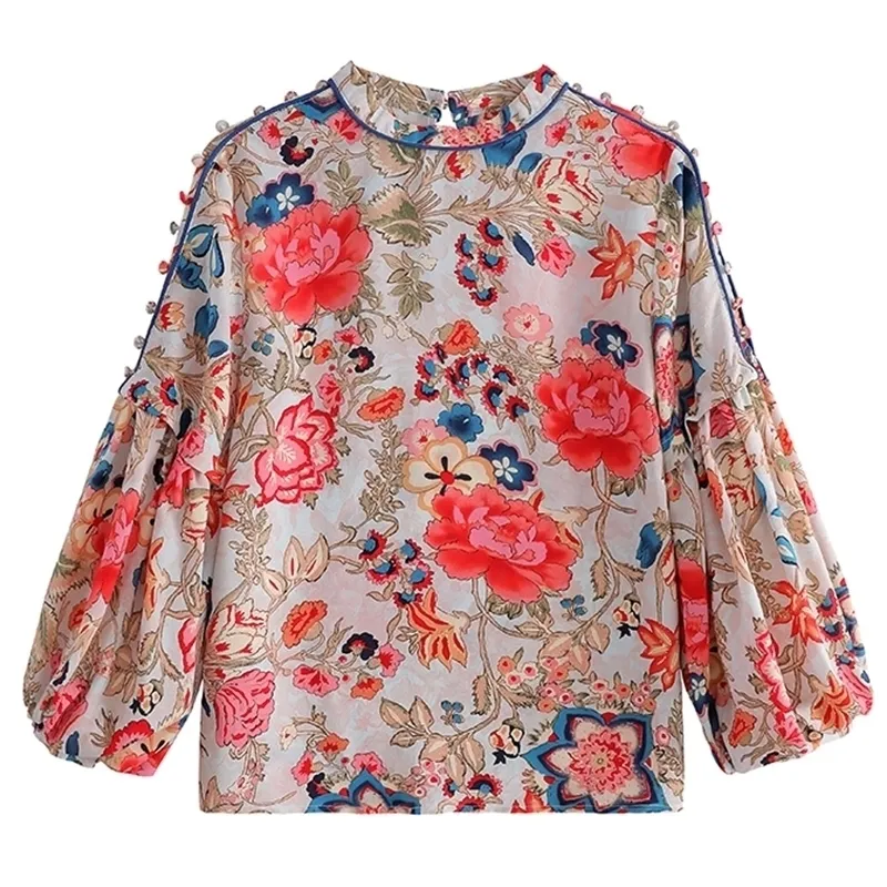 Vintage chemises à fleurs style chinois femmes Blouses 2021 printemps automne en mousseline de soie Blouse à manches longues lanterne hauts Blusas Mujer 210317