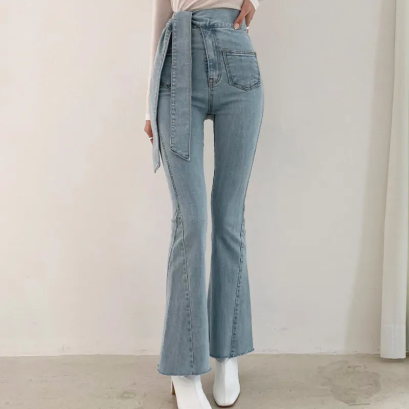 Frühlings-Damen-Retro-Denim-Hosen mit hoher Taille, Schnürung, gewaschenes Multi-Pocket-Design, schmale Passform, ausgestellte Jeans-Hose QB311 210510