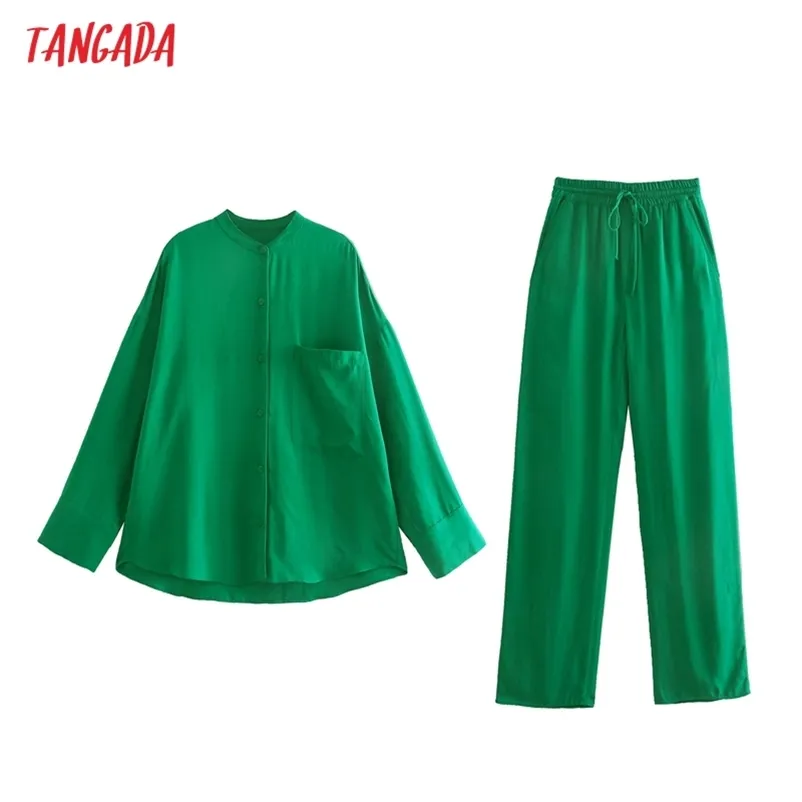 Tangada Mulheres Verde Camisa Set Tracksuit Define Calças de Camisa Oversized Terno 2 Peças De Conjuntos Blusa Calças Ternos 5Z2 210727