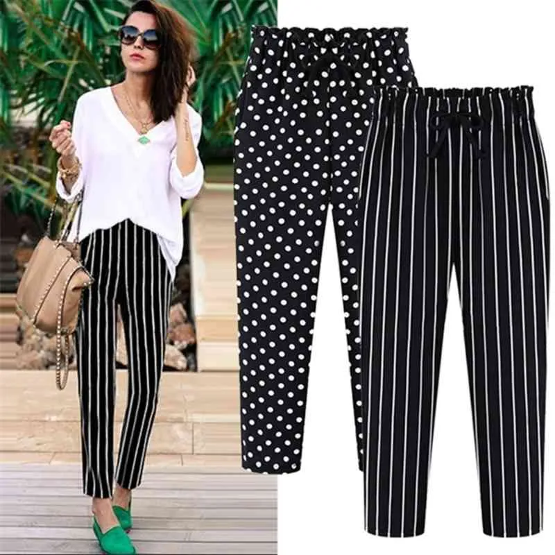 Plus Size 4XL 5XL Casual Harem Broek voor Vrouwen Verticale Streep Broek Vrouwelijke Zomer Elastische Taille Print Polka Dot Enkle Pants Q0801