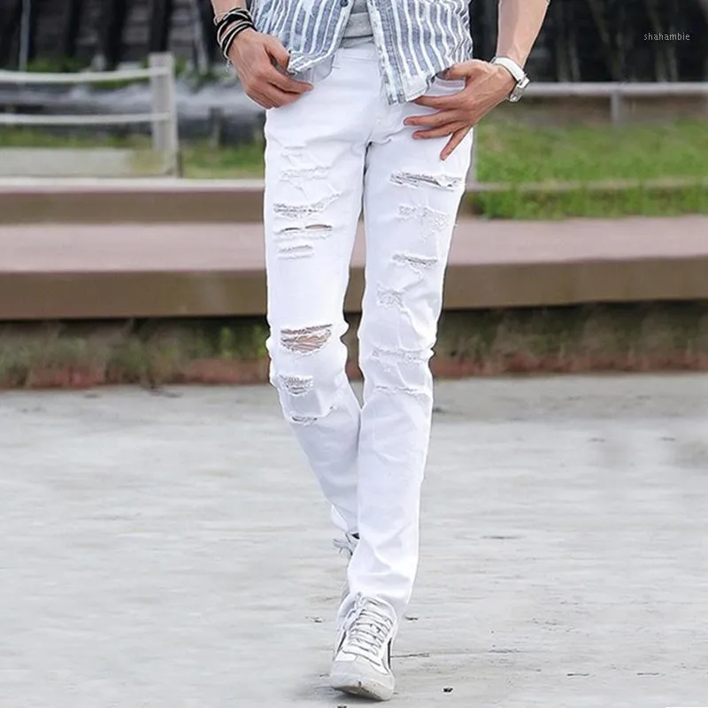 Jeans pour hommes en gros-homme style été coton blanc mâle maigre déchiré pour hommes de haute qualité célèbre marque de mode