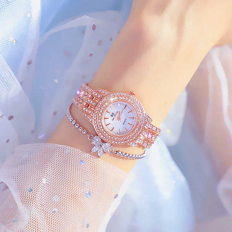 Bs Bee Sister Women Luxury Brand Watch Rose Gold Watch Women Quartz Diamond Women Wristwatches With Bracelet Montre Femme 210527