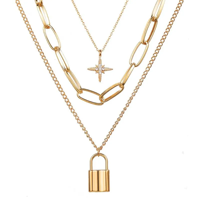 Necklace 2021 Multi-layer Necklaces Retro Eight Star Lock Pendant Thick Chain Female Jewlery For Women Wholesale Collares