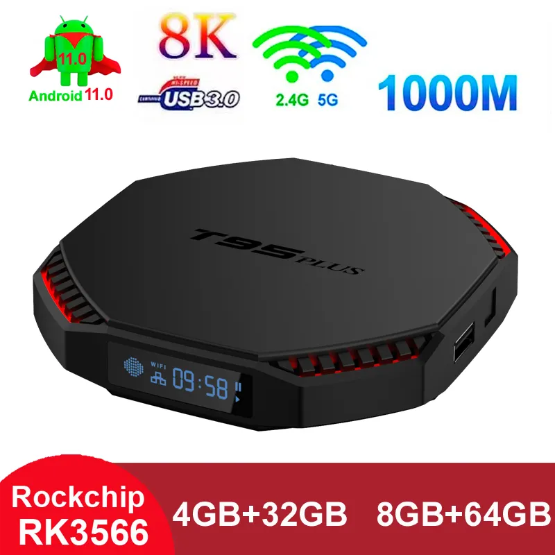 T95 Plus RK3566 Android 11.0 Tv Box 8G RAM 64GB 2.4G/5G Podwójne Wi-Fi 8K Ultra HD Media Player Rockchip3566 TvBox