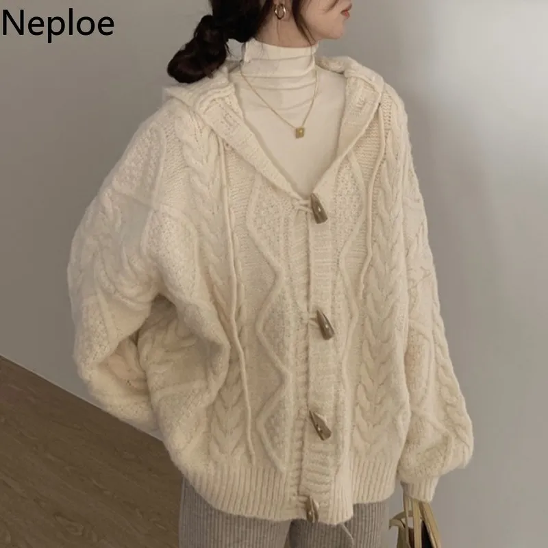 NEPLOE WINKER Kleding Vintage Trui Oversized Uitloper Chic Button Hooded Gebreide Geribbelde Cardigan Losse Casual Super Coat 210422