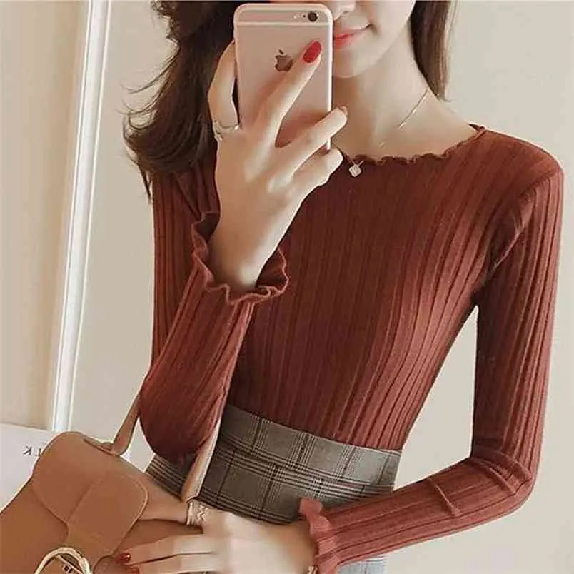 Sexy Word-neck Sweater Women Lace Pullover Stretch Bottoming Knitted Sweaters Female Spring Autumn Long-sleeved Flowers 210427