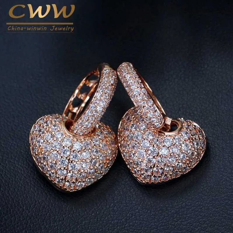 Micro Pave Cubic Zirconia High Quality Lovely Cute Rose Gold Color Small CZ Hoop Heart Earrings for Women CZ038 210714