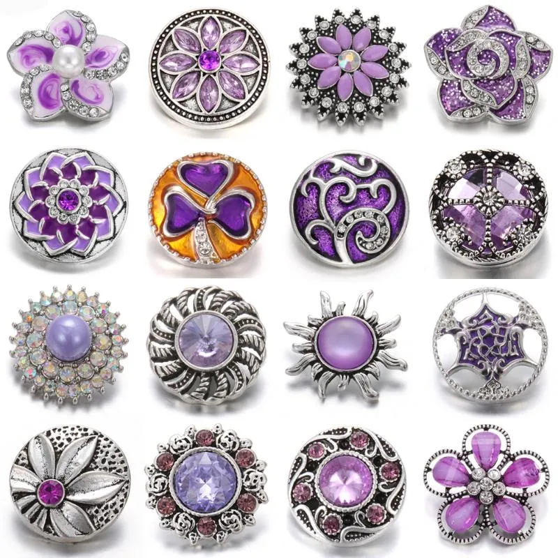 Charm Bracelets 6pcs/lot 18mm Metal Snap Button Jewelry Rhinestone Flower Purple Buttons For Fit DIY Snaps Bracelets&Bangles