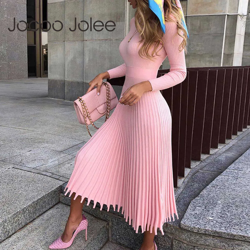 Jocoo Jolee Elegant Party Pleated Sweater Dress Women Autumn Spring Knitted Long Dress Solid Ribbed Slim Plus Size Dresses 210619