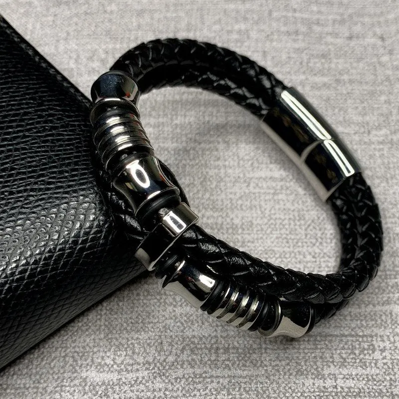 Cuff 2021 Fashion Stainless Steel Chain Genuine Leather Bracelet Men Vintage Male Braid Jewelry For Women Man Buddha E0026