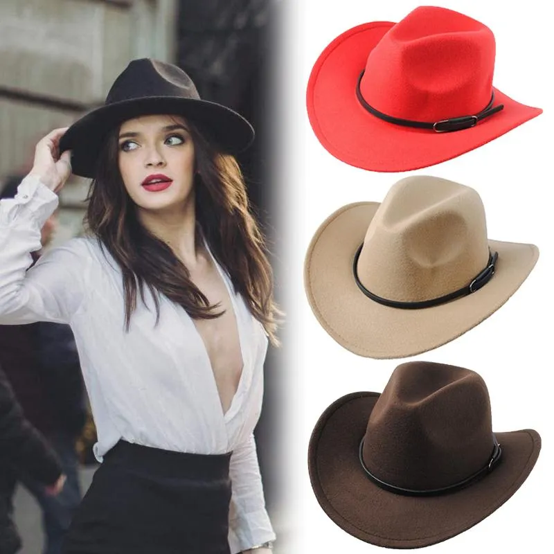 Geniş Brim Şapkalar Kadın Lady Retro Disket Panama Şapka Deri Kemer Toka Yün Fedora Unisex Batı Kovboy Yün Çift Kap