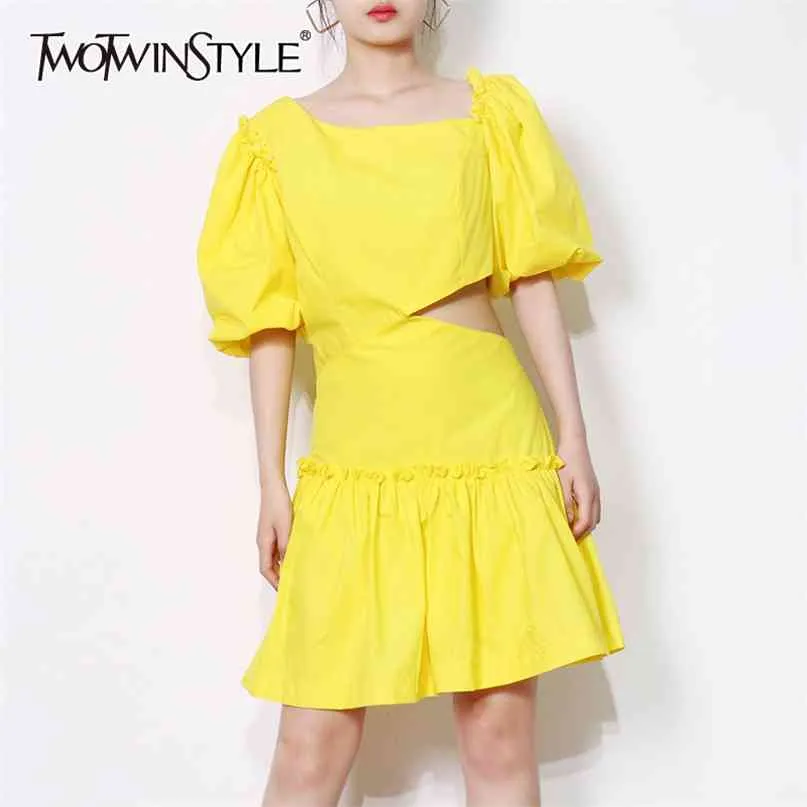 Elegant ihålig ut sommarklänning för kvinnor puffhylsa hög midja minimalistiska klänningar kvinnliga mode kläder 210520