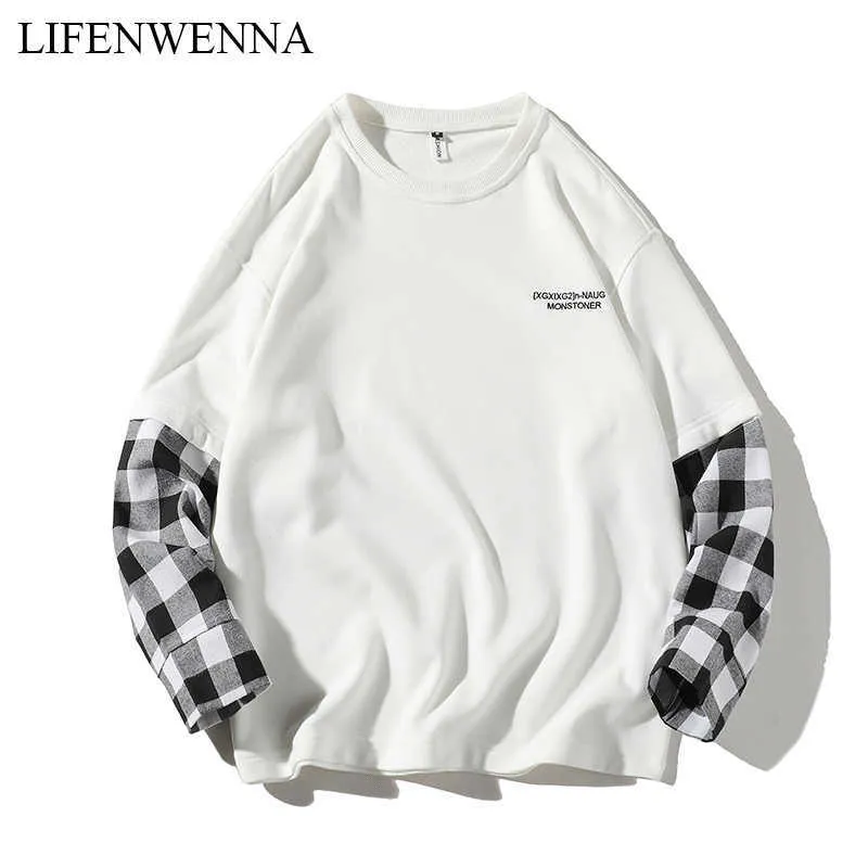 LIFENWENNA Full Sleeve T-shirts Men O-neck Patchwork Long Sleeve T Shirt Men Casual Comfortable Hip Hop T Shirts Men Autumn 5XL 210528