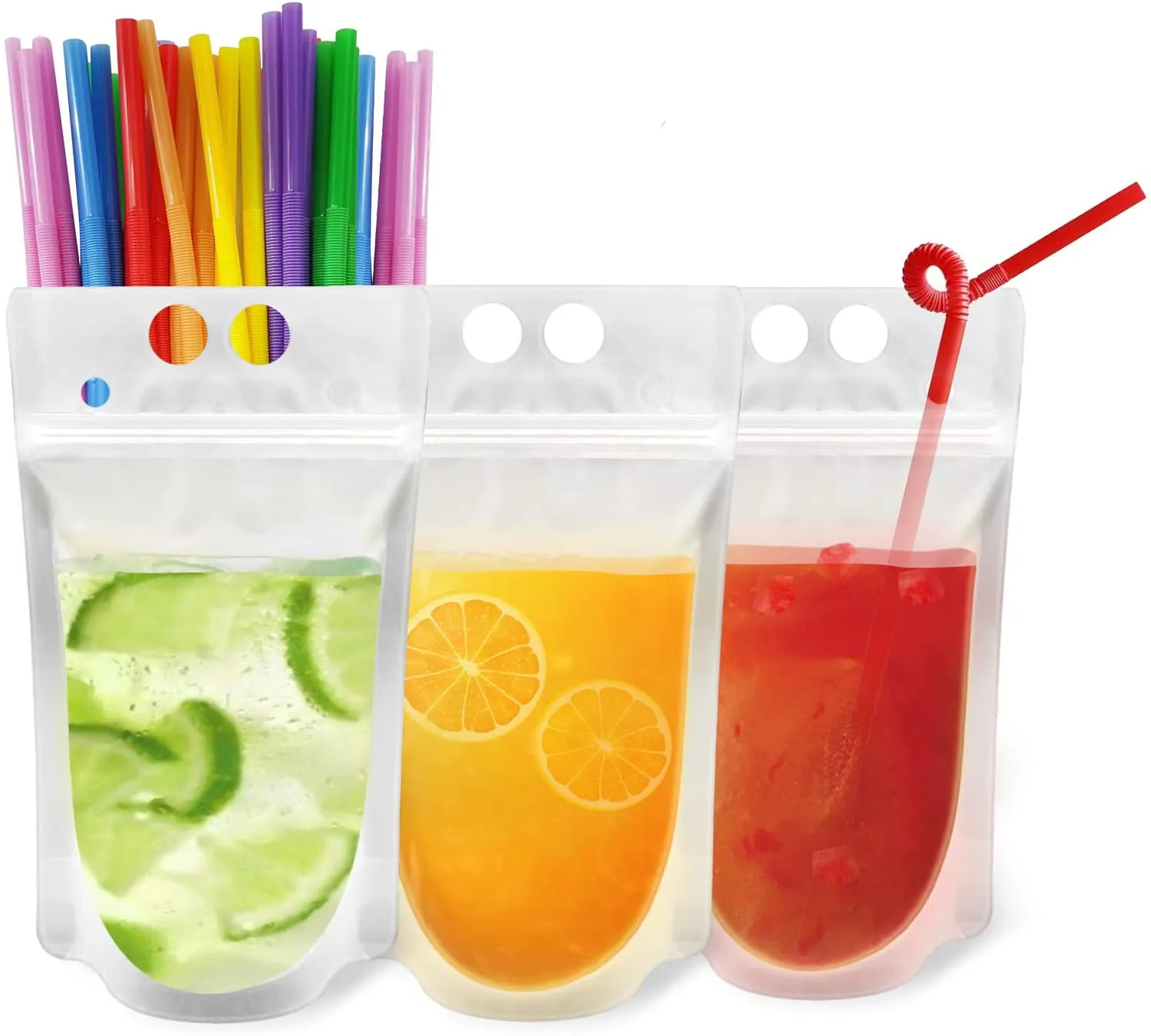 Plastic Beverage Bags Clear Straw Juice Drink Pouch Stand Up Juice