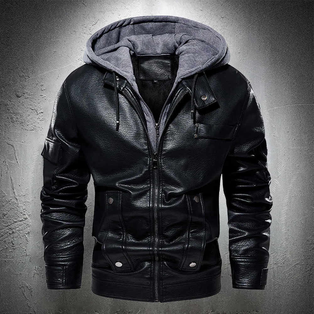 Veste en cuir noir hommes vêtements de mode veste de moto à capuche vintage veste décontractée manteau de motard streetwear manteau vintage mâle 211009