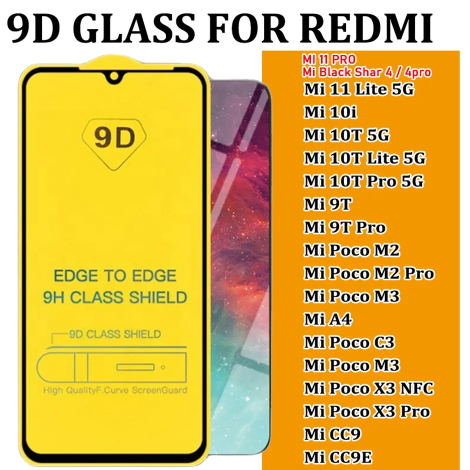 Xiaomi Mi 11i 11 5g 10i 10T Lite A4 Poco C3 M2 M3 X2 X3 CC9 CC9E NFC Pro黒サメのための9Dフルカバレッジ強化ガラススクリーンプロテクター