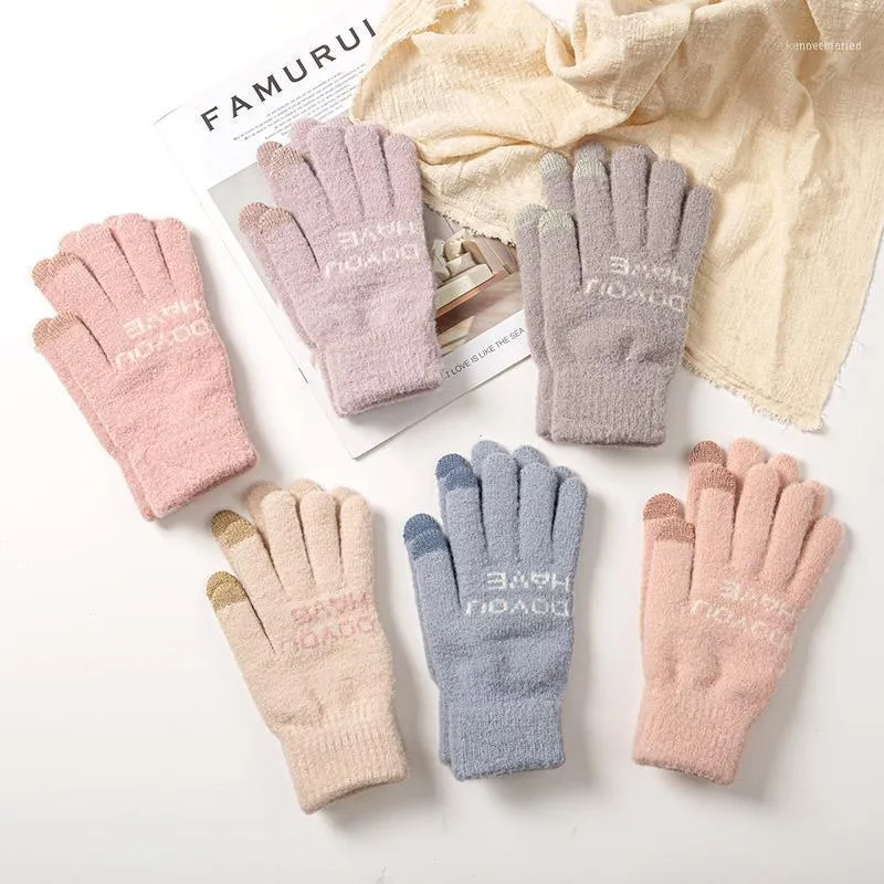 Fünf Finger Handschuhe Damen Winter Touchscreen Gestrickt Vollfinger Damen Basic Warme Handgelenk Fäustlinge Weiblich Outdoor Frauen1