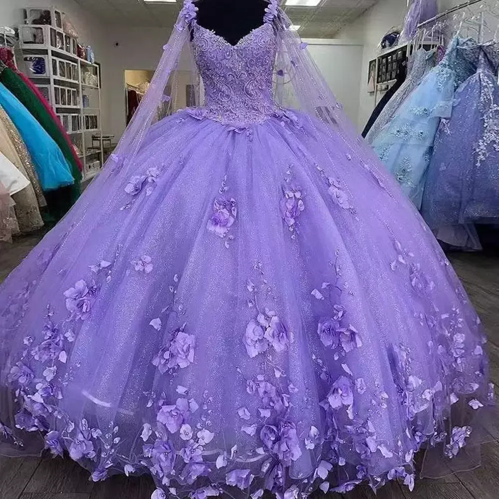 DHL Glitter Purple Quinceanera Vestidos Correa de espagueti con envoltura Dulce 15 Vestidos 2022 3D Flower Bead Vestidos 16 Prom Party Wears