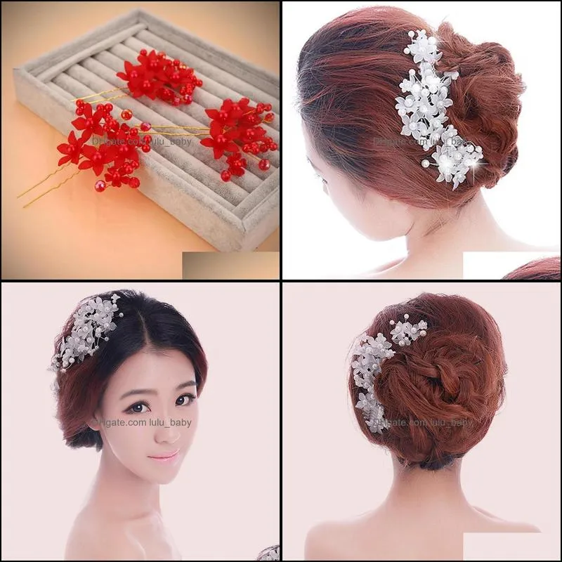 Hair Clips & Barrettes Red White Women Hairpins Headpieces Wedding Jewelry Accessories Crystal Pearls Forks For Bridal Hairstyle