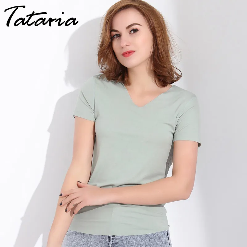 Summer Womens T Shirt Tops Short Sleeve Solid Tshirt V Neck T-Shirt Women T-Shirts Causal Camisetas Feminina Lady TATARIA 210514