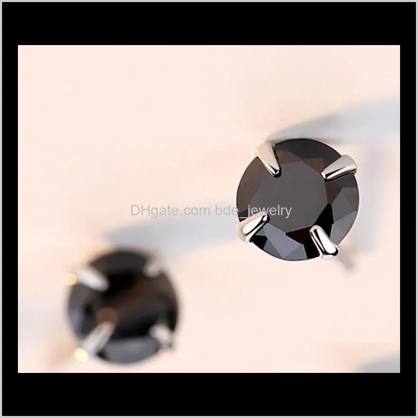 simple fashion jewelry 925 sterling silver black sapphire cz diamond gemstones solitaire women wedding party men stud earring