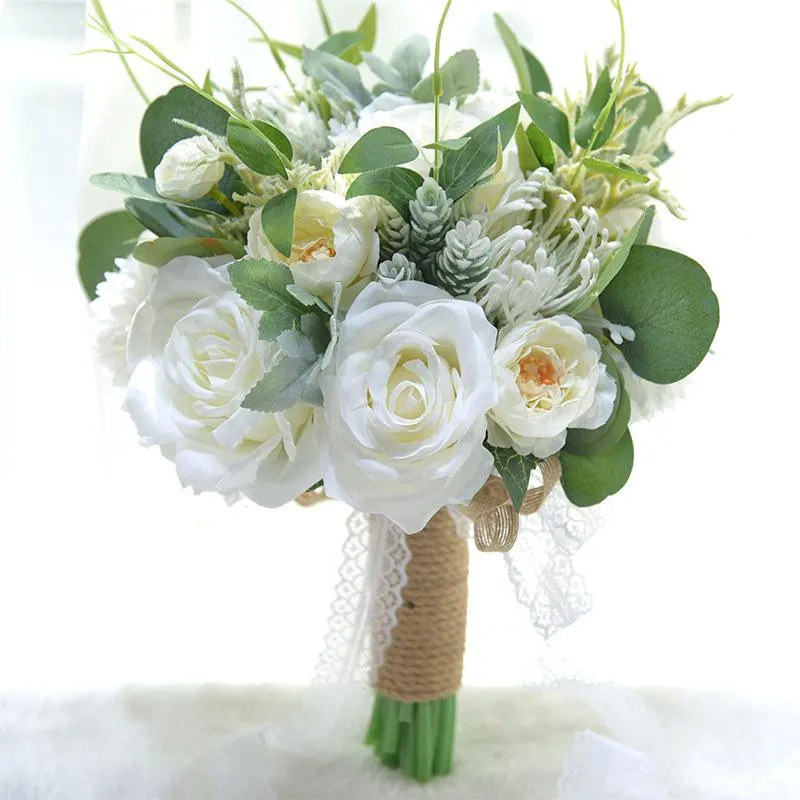 Couronnes de fleurs décoratives, accessoires de Bouquet de mariage, roses artificielles Vintage, tenue de mariée avec ruban de dentelle romantique