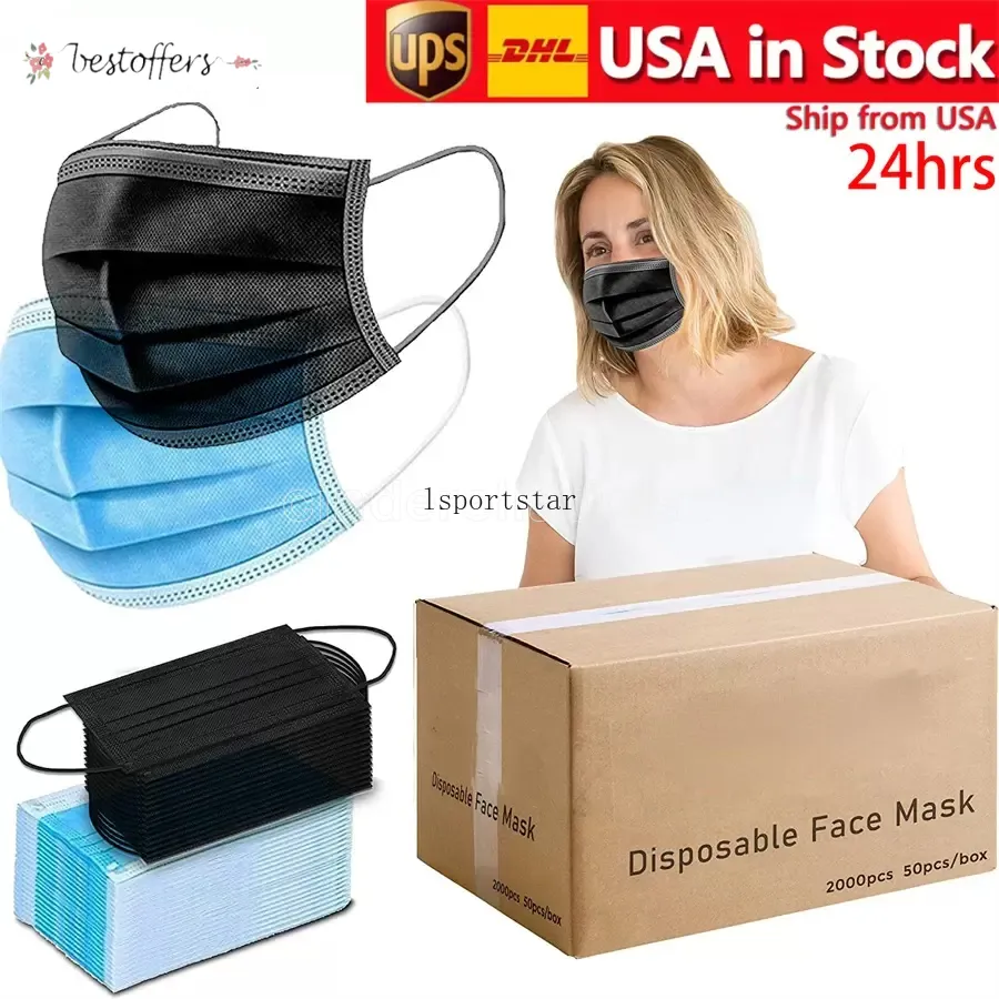 US STOCK 24hrs Protective Black Blue Disposable Face Mask Pack of 50pcs/2000carton for Men & Women Sf2b20