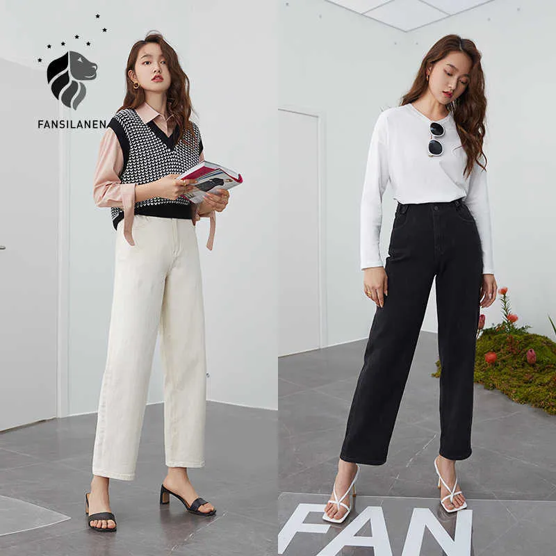 FANSILANEN White Black High-Waisted Jeans Women Straight Loose Spring Style Wide-leg Pants Vintage Streetwear 210607