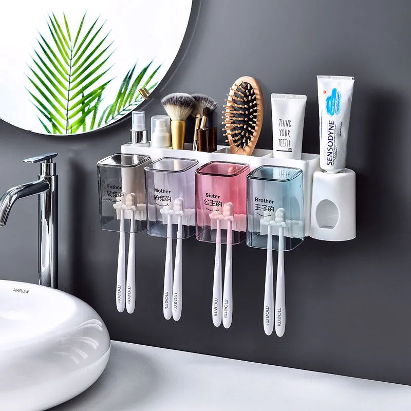 Nail-Free Wall-Mount Tandborstehållare Toalettartiklar Storage Rack Auto Squeezing Tandkräm Dispenser med Cup Teethborste Accessor 210322