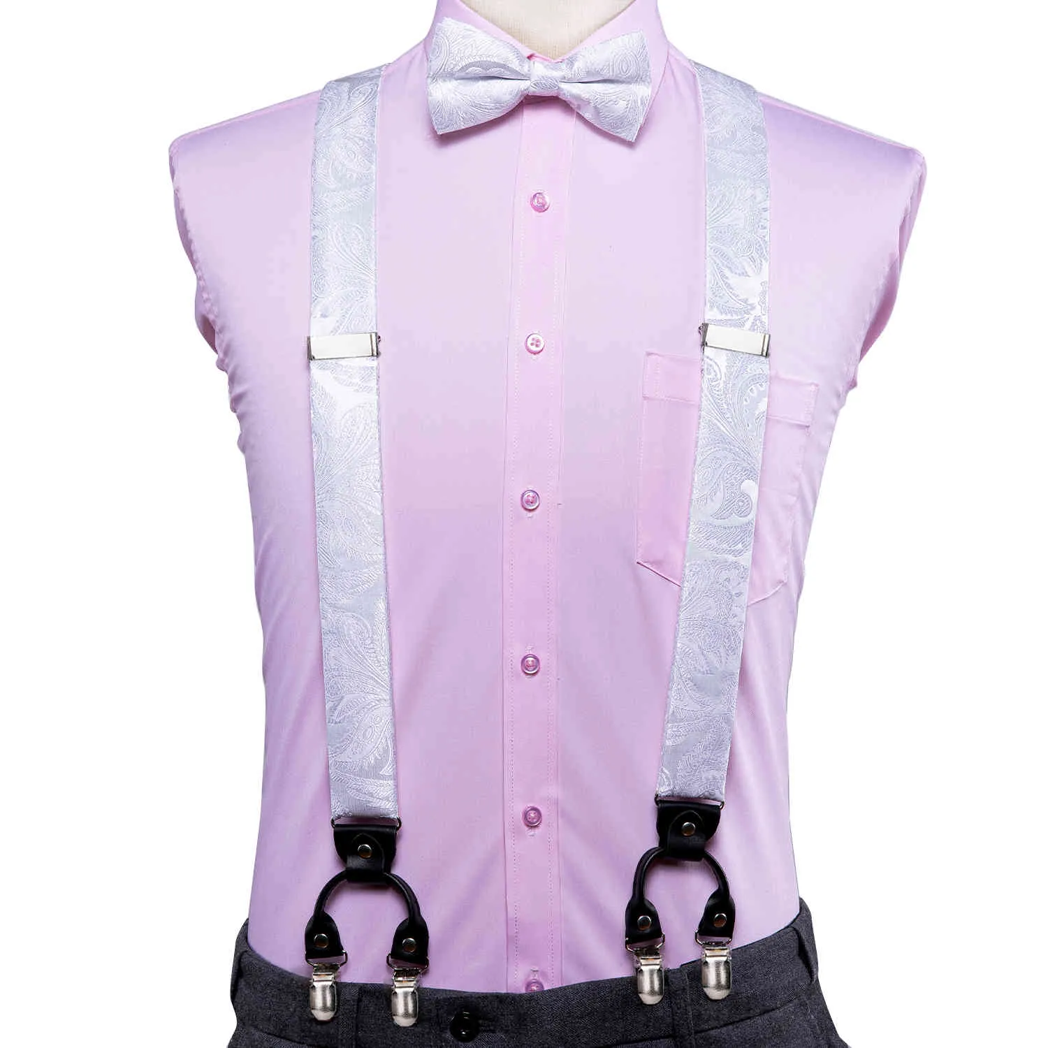 Hi-Tie Floral Designer Luxury Wedding Suspender and Bow Tie Set för män Vuxen Vintage Fashion Silk Vit Braces Metal 6 Clips