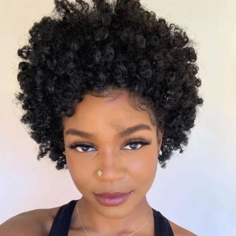 Cheveux humains indiens courts Afro perruques crépus bouclés avant de lacet perruque coupe de lutin préplumé nœuds blanchis pour les femmes