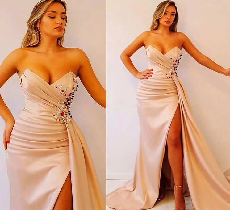 Plus Size Arabski ASO EBI Kryształy Kryształy Prom Suknie Sweetheart High Side Split Wieczór Formalna Sukienka Party Nosić Druga Recepcja Suknie Wykonane