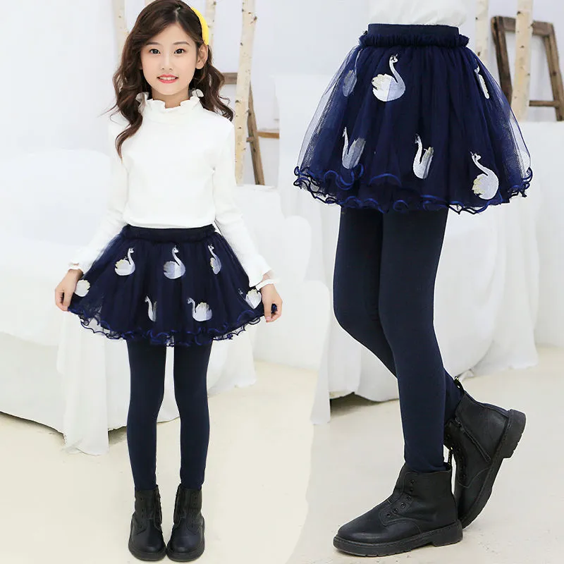 INS HOT Girls Winter Leggings 3 13 Years Old Childrens Outer Wear Pants  Fake Velvet Skirt Pants Printed Swan Leggings From 16,92 €