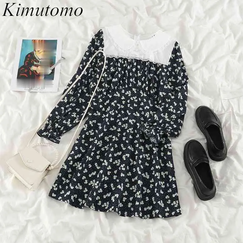 KIMUTOMO Vintage Floral Printing Jurken Dames Franse Stijl Kant Patchwork Vrouw Peter Pan Collar Lantern Sleeve Vestidos 210521