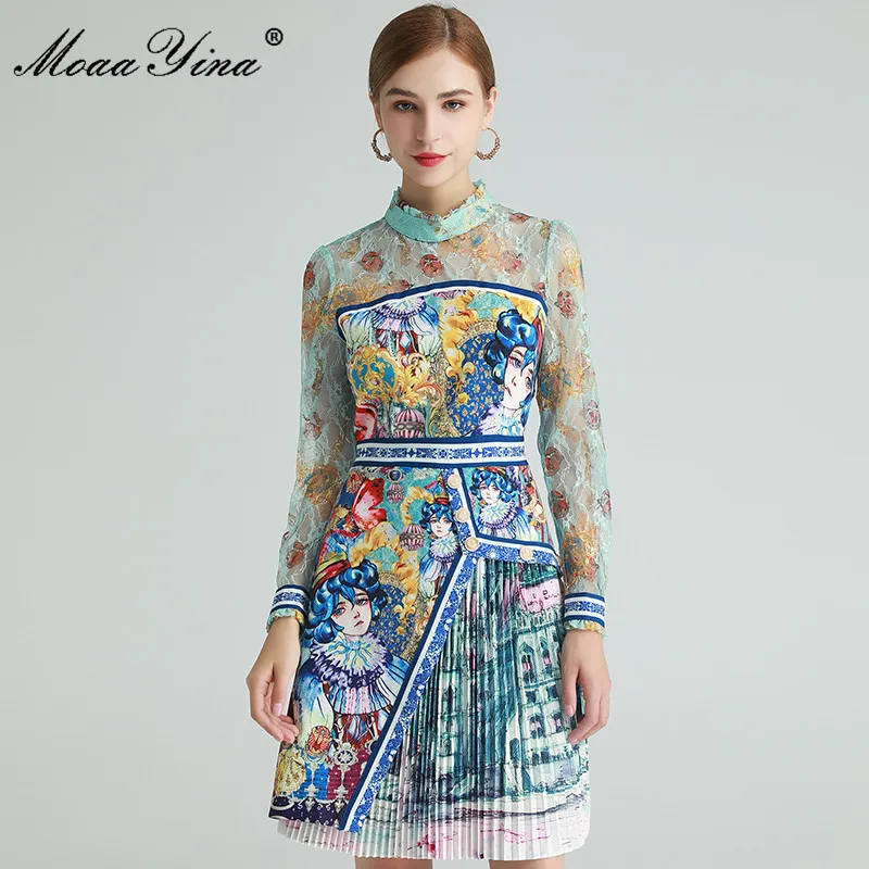 Moda Tasarımcısı Elbise Bahar kadın Elbise Mesh Uzun Kollu Lolita Tarzı Anime Baskı Pileli Elbiseler 210524