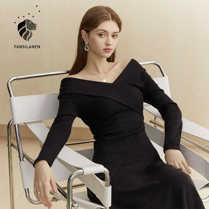 Fansilanen sexy v pescoço preto longo camisola vestido mulheres luva magro elegante partido outono inverno malha vintage 210607