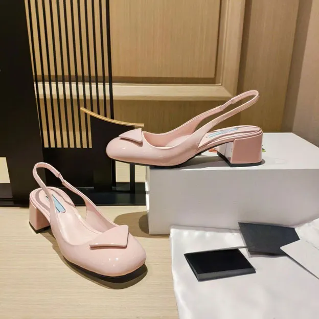 Designer high thick heel single shoes women`s formal sh oes square round design flat sandals logo bag heel technology patent leather 35-41