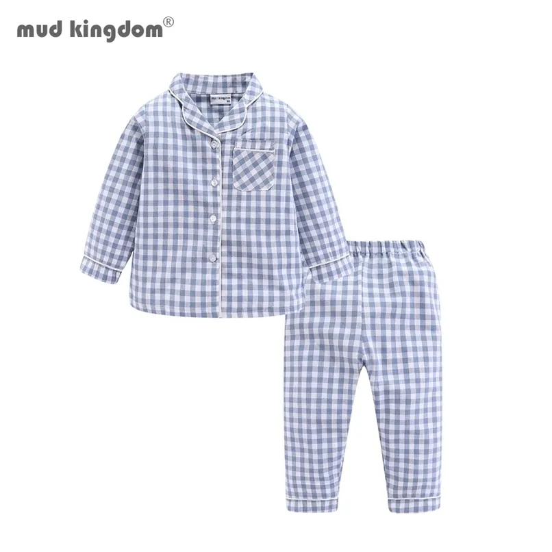 Mudkingdom Erkek Kız Uzun Kollu Pijama Set Yaka Köleli Ekose Sonbahar Sevimli Yürüyor Pijama Çocuklar Pijama Çocuk Giyim PJS 211023