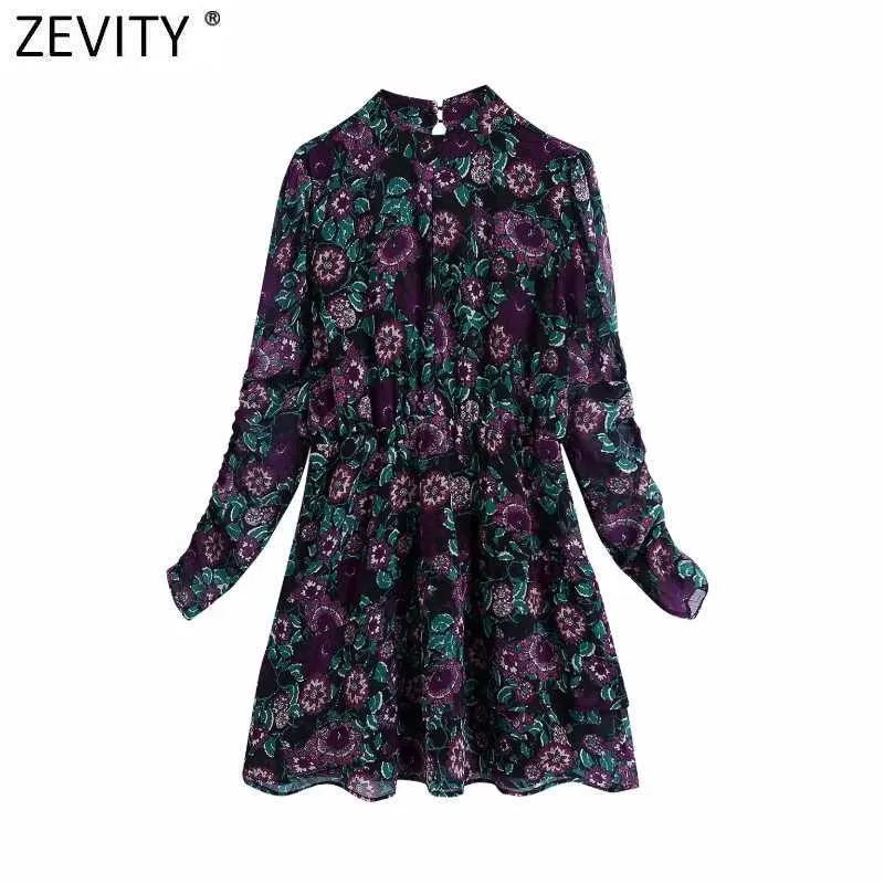 Zevity Donna Vintage Colletto alla coreana Stampa floreale Mini abito in chiffon Lady Chic Pieghe Manica a sbuffo Casual Ruffles Vestido DS4745 210603