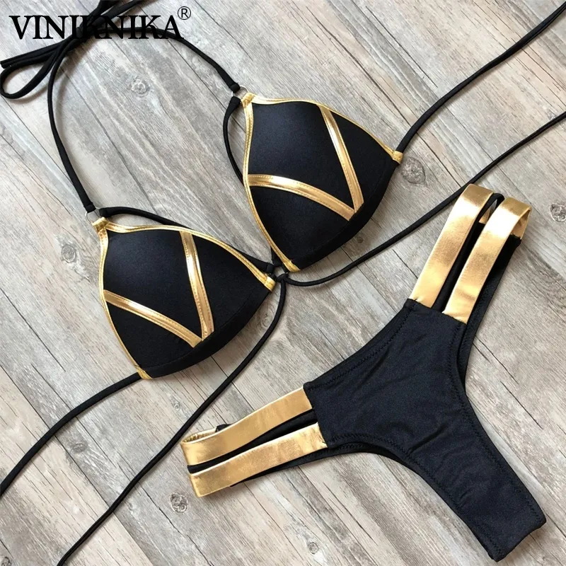 Black Bandage Swimsuit Sexy Brazilian Bikini Push Up Swimwear Women Micro Bikinis Plus Size Beachwear Shiny Gold Beachwear 210318