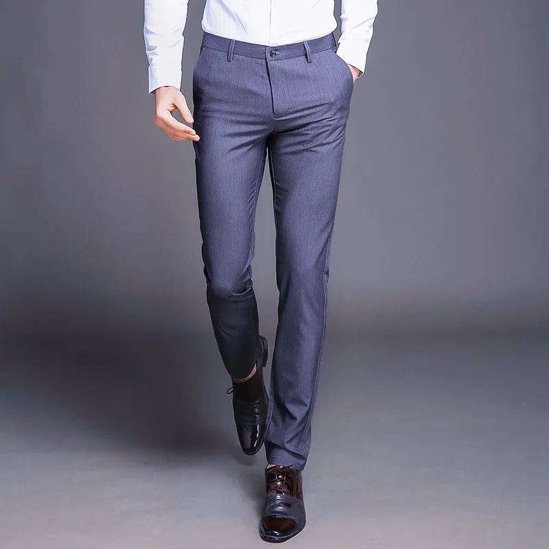 古典的な男性のズボンの男性の高品質の社会的ストレート夏の正式なオフィスストレッチなしアイアンビジネスカジュアルドレスブラックパンツ210518