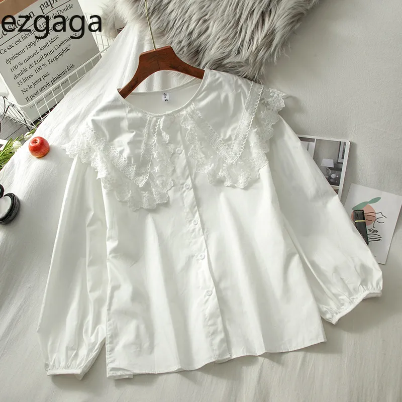 Koszulki Ezgaga Kobiety Jesień Słodkie Peter Pan Collar Single Breasted Top Top Patchwork Lace Solid White Korea Style Moda 210430