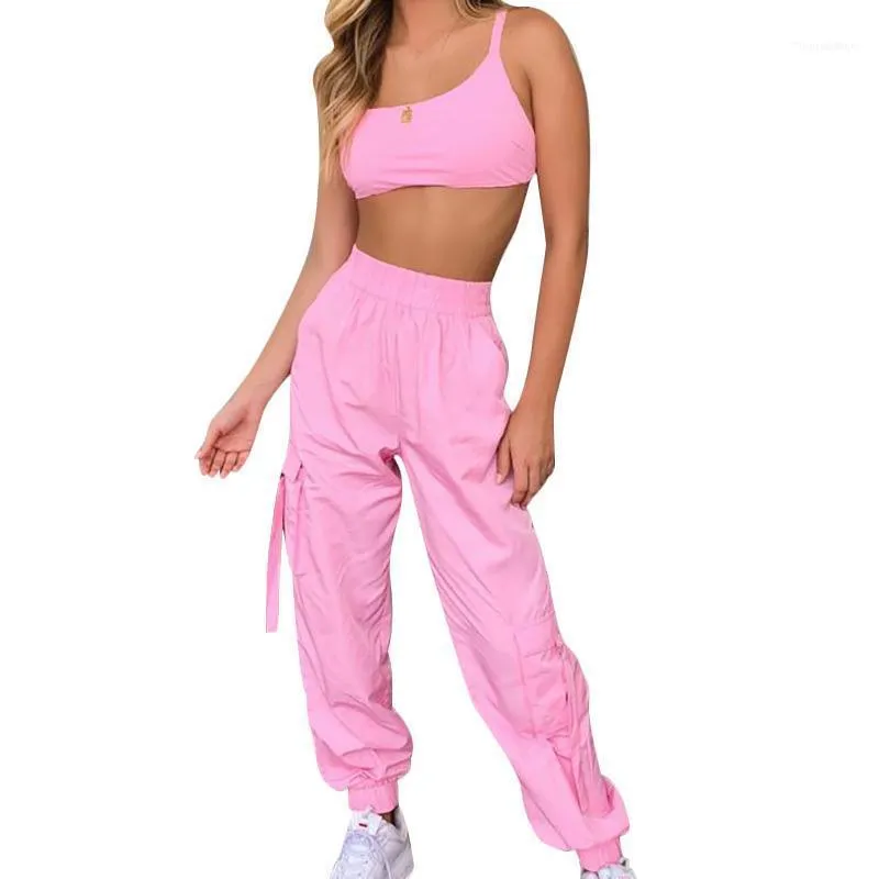 Twoo Pièce Robe Néon Tracksuit pour Femmes Casual Pink Set Bandage Haute Taille Tops et pantalons longs Fitness SweatSuit Vêtements sexy1