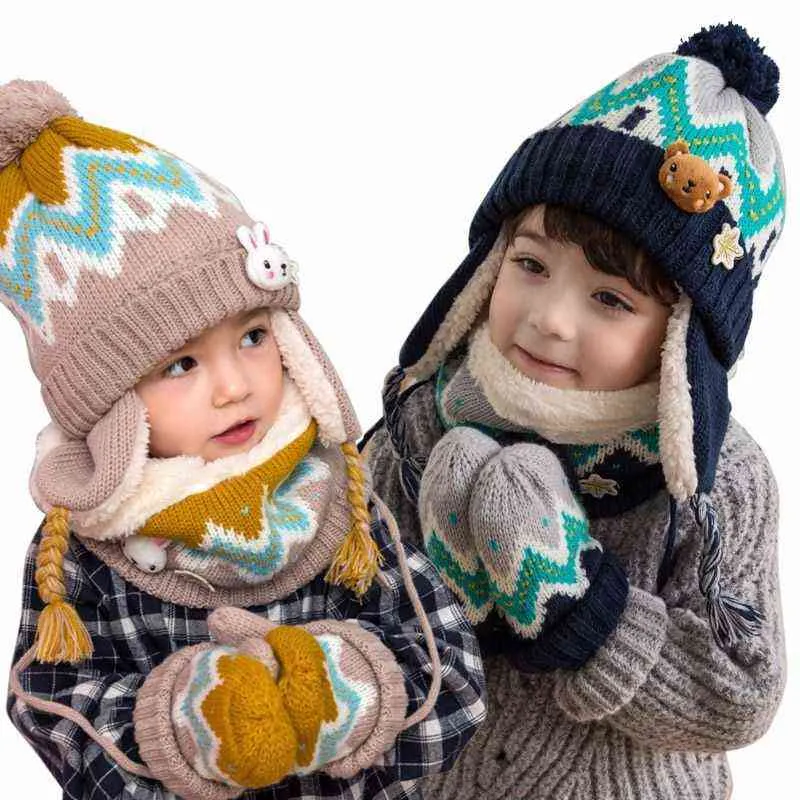 Bonnet Enfant Hiver Tricoté Tour de Cou Chaud Set de 3 Pièces