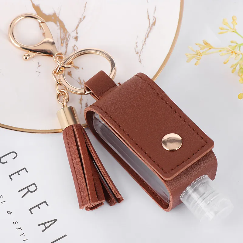 Party Favor Hand Sanitizer Holder With Bottle PU Leather Cover Tassel Keychain Portable Disinfectant Case Empty Bottles Holders Keychains